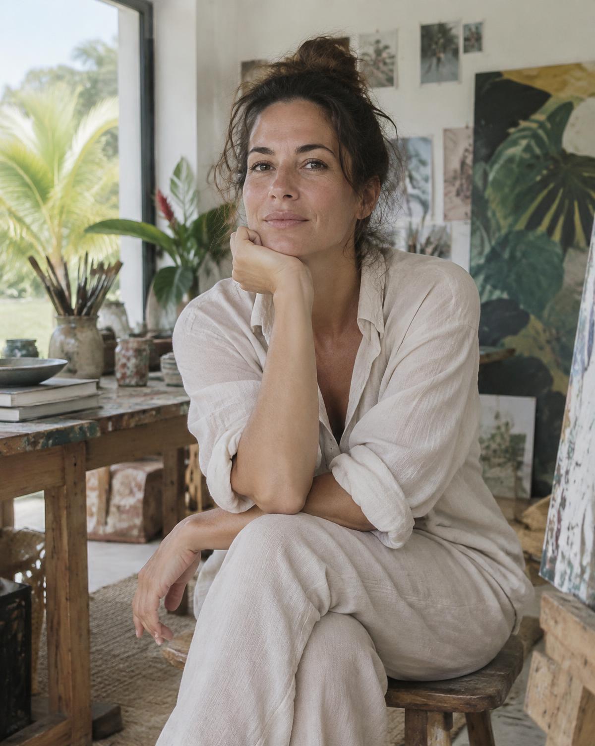 Artist seated in a bright tropical studio