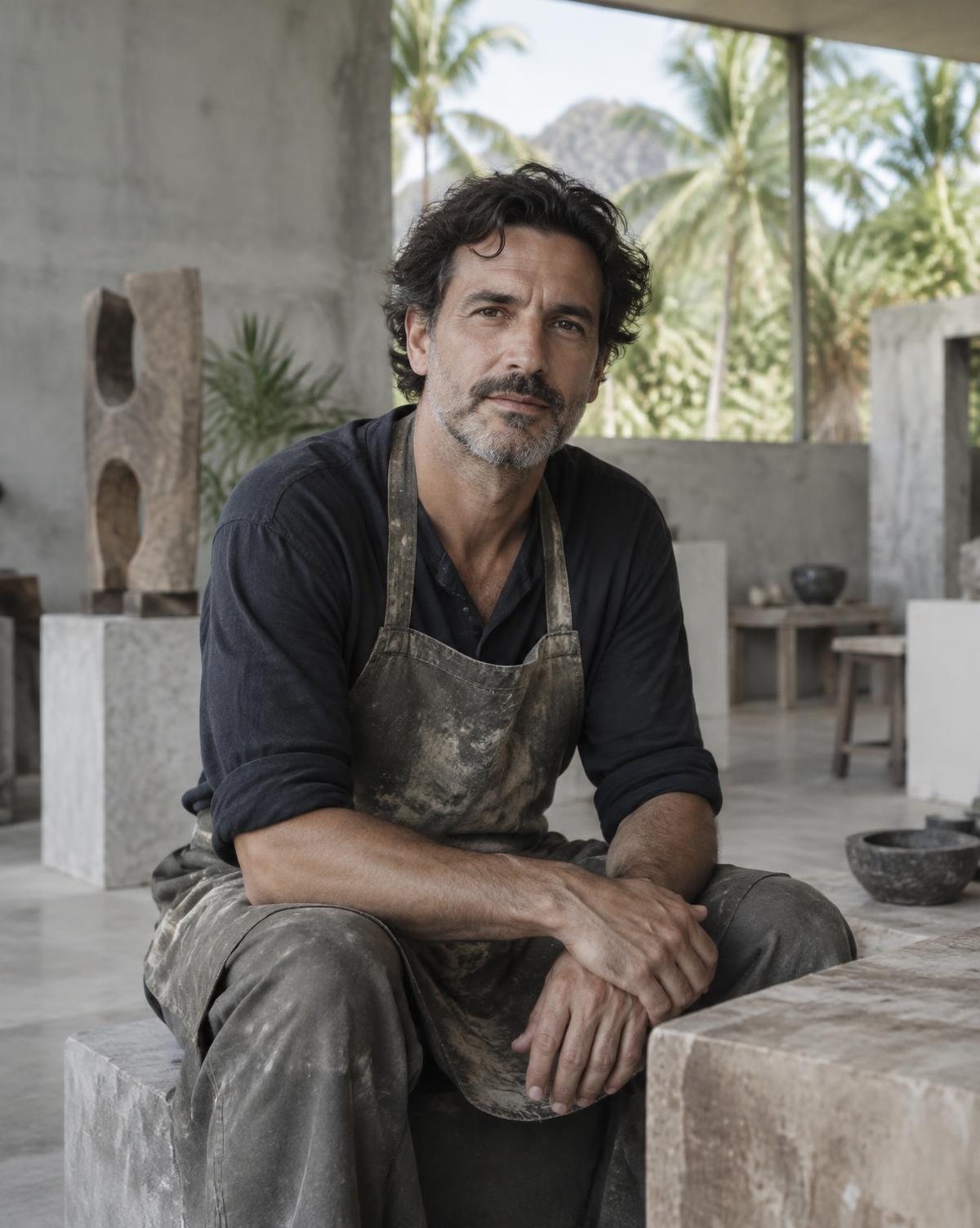 Artist seated in an open air concrete studio