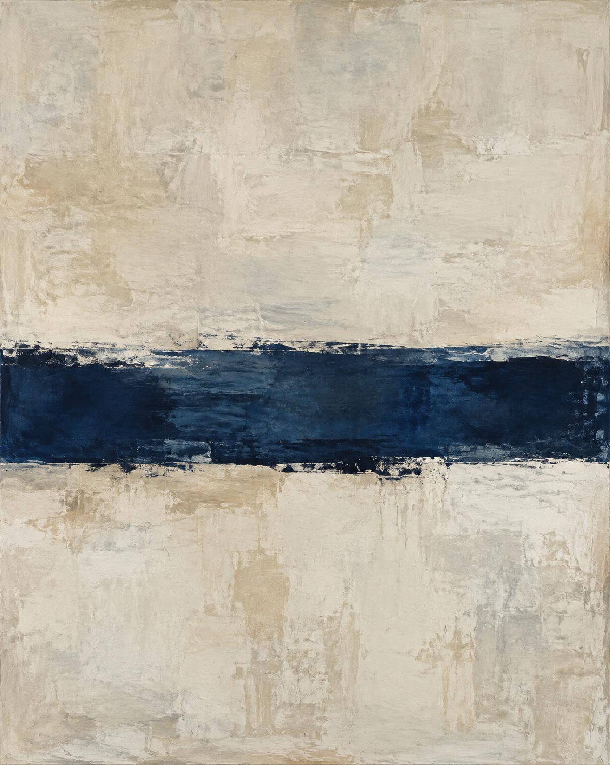 Abstract painting with a deep indigo horizontal band