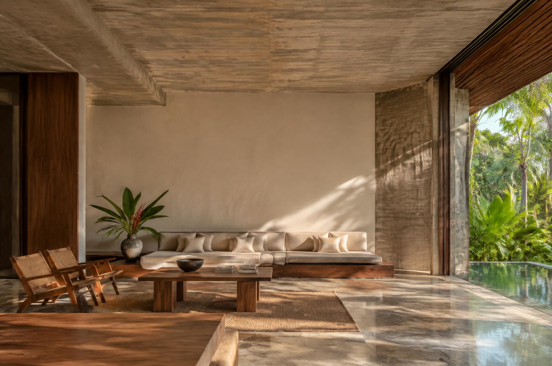 Minimal tropical villa lounge with a pale empty wall