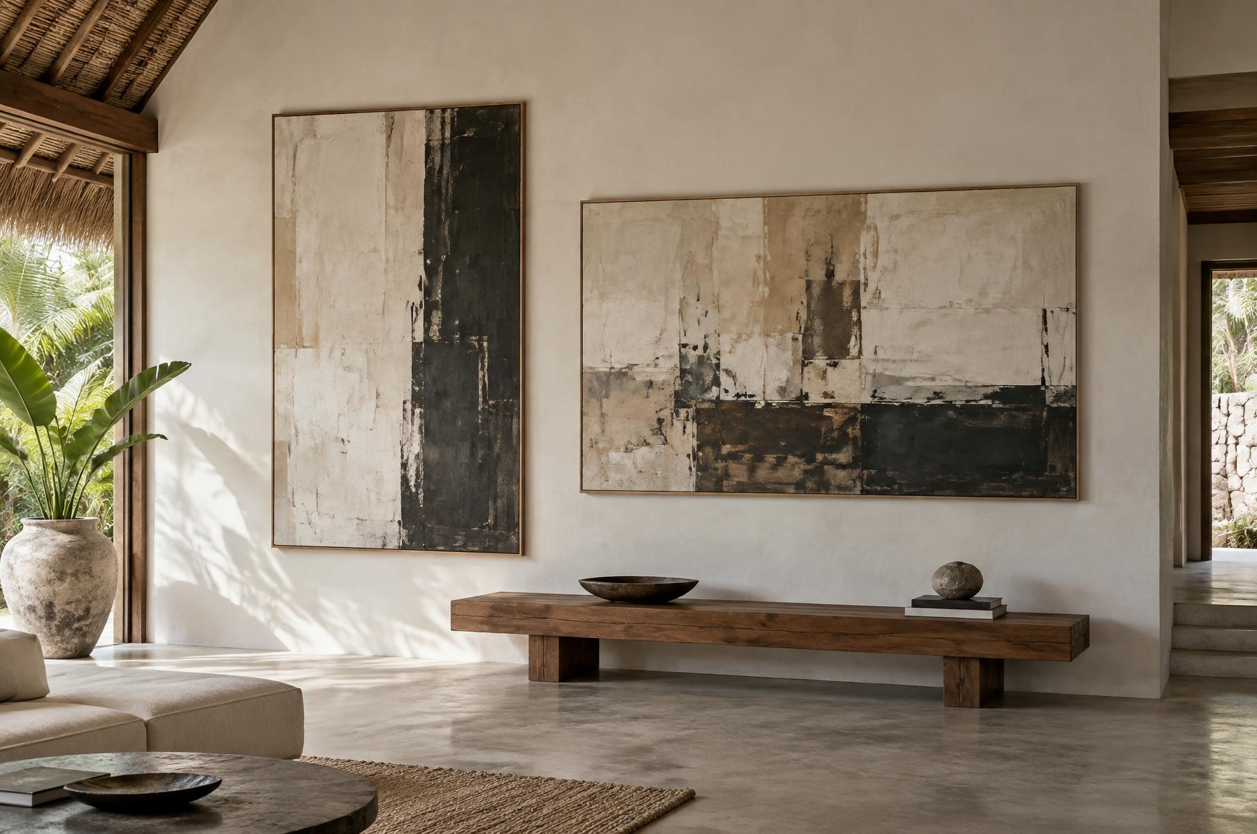 Two large abstract works on the lounge wall of a tropical villa